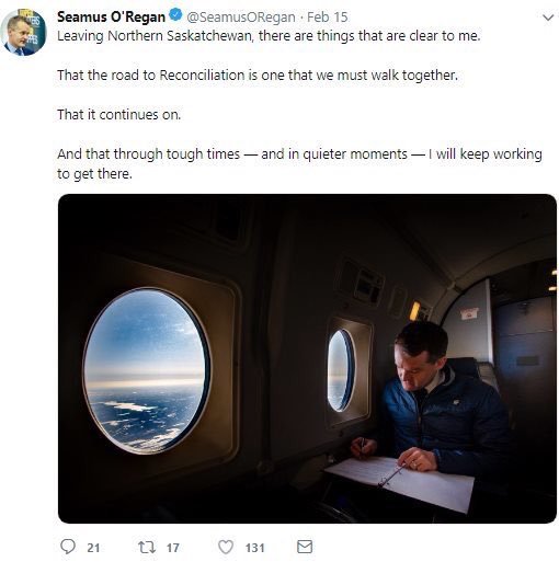 Seamus O'Regan tweets about reconciliation from a private jet